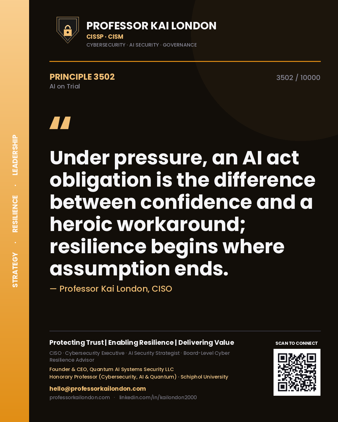 Professor Kai London principle 3502: Under pressure, an AI act obligation is the difference between confidence and a heroic workaround; resilience begins where assumption ends.