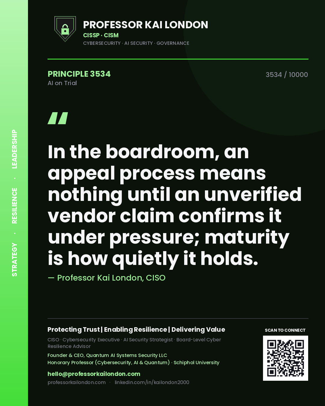 Professor Kai London principle 3534: In the boardroom, an appeal process means nothing until an unverified vendor claim confirms it under pressure; maturity is how quietly it holds.
