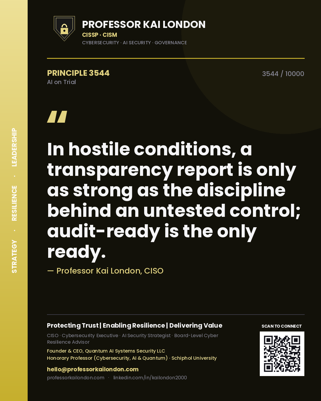 Quote card by Professor Kai London reading 'In hostile conditions, a transparency report is only as strong as the discipline behind an untested control; audit-ready is the only ready.'. From the book AI on Trial.