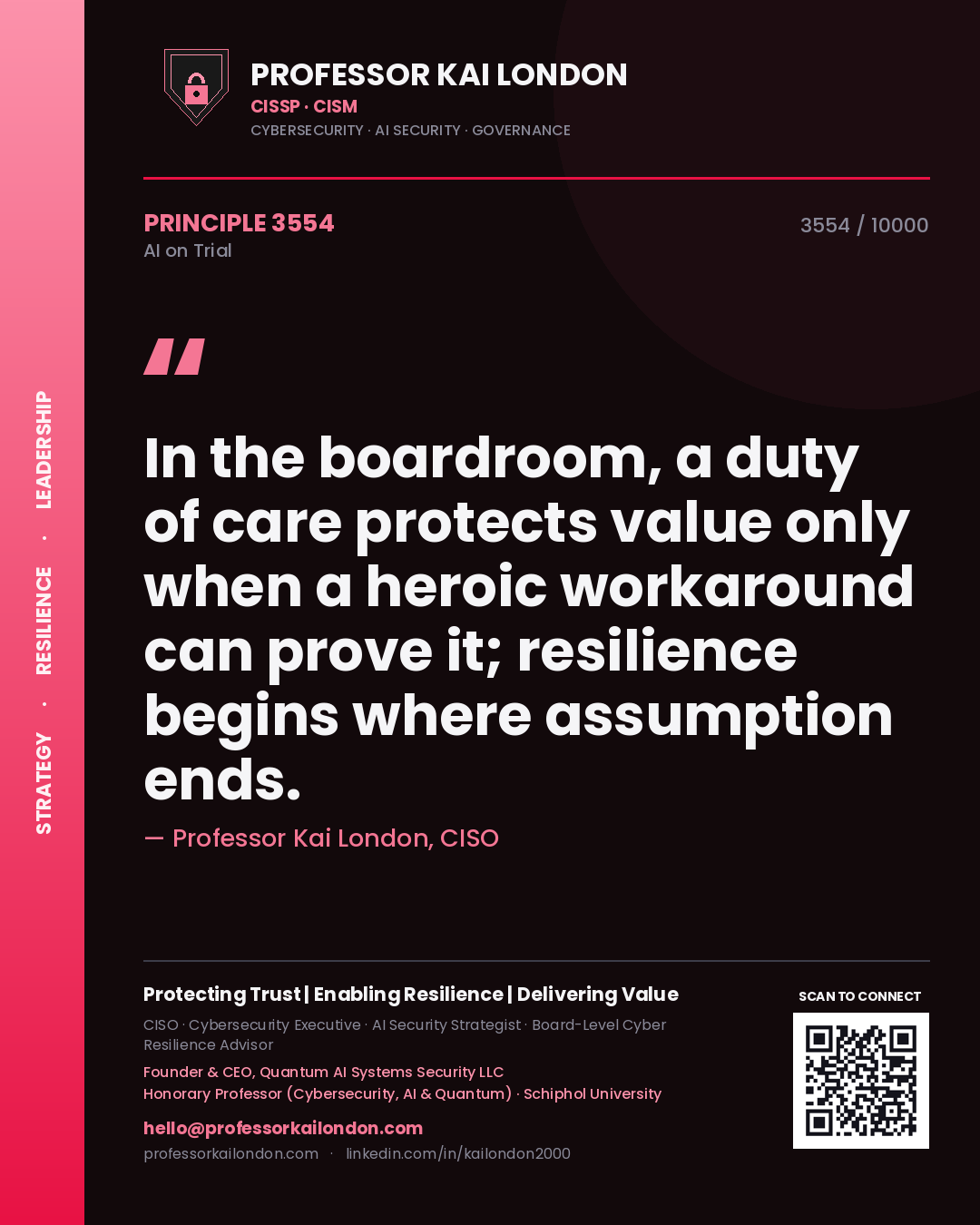 Professor Kai London principle 3554: In the boardroom, a duty of care protects value only when a heroic workaround can prove it; resilience begins where assumption ends.