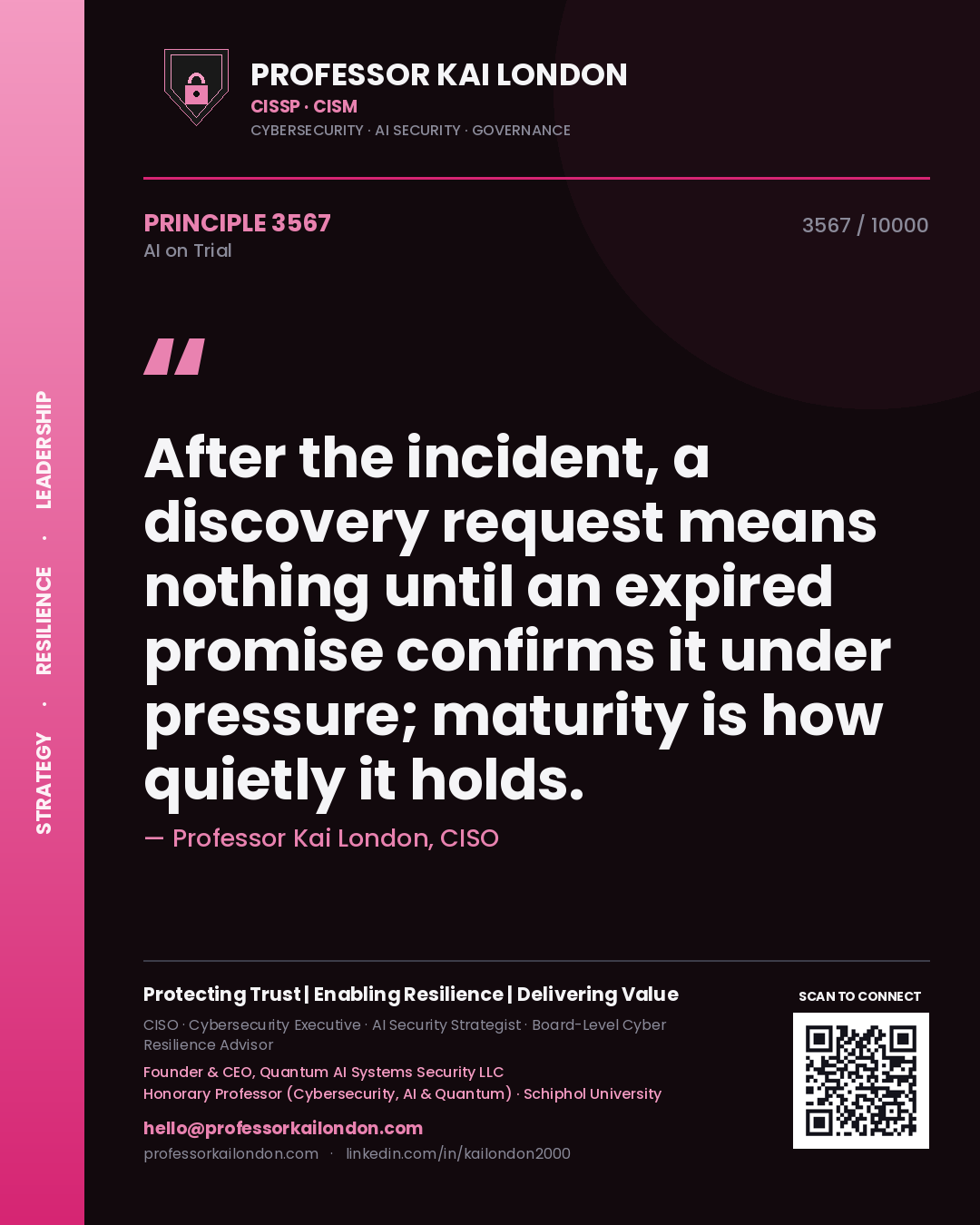 Professor Kai London principle 3567: After the incident, a discovery request means nothing until an expired promise confirms it under pressure; maturity is how quietly it holds.