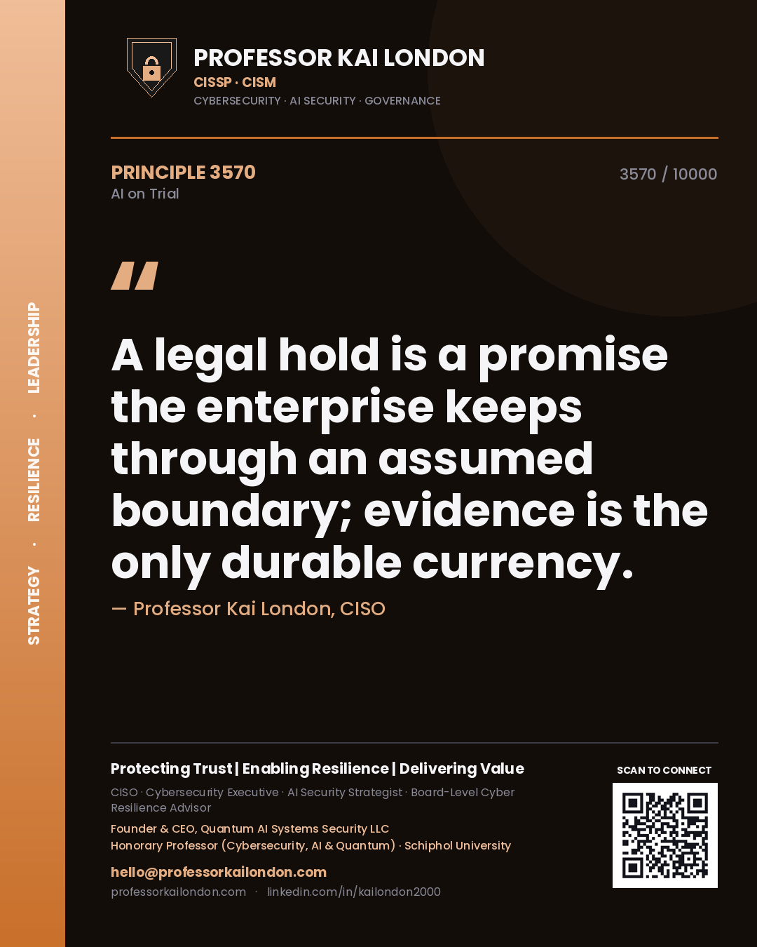 Quote card by Professor Kai London reading 'A legal hold is a promise the enterprise keeps through an assumed boundary; evidence is the only durable currency.'. From the book AI on Trial.