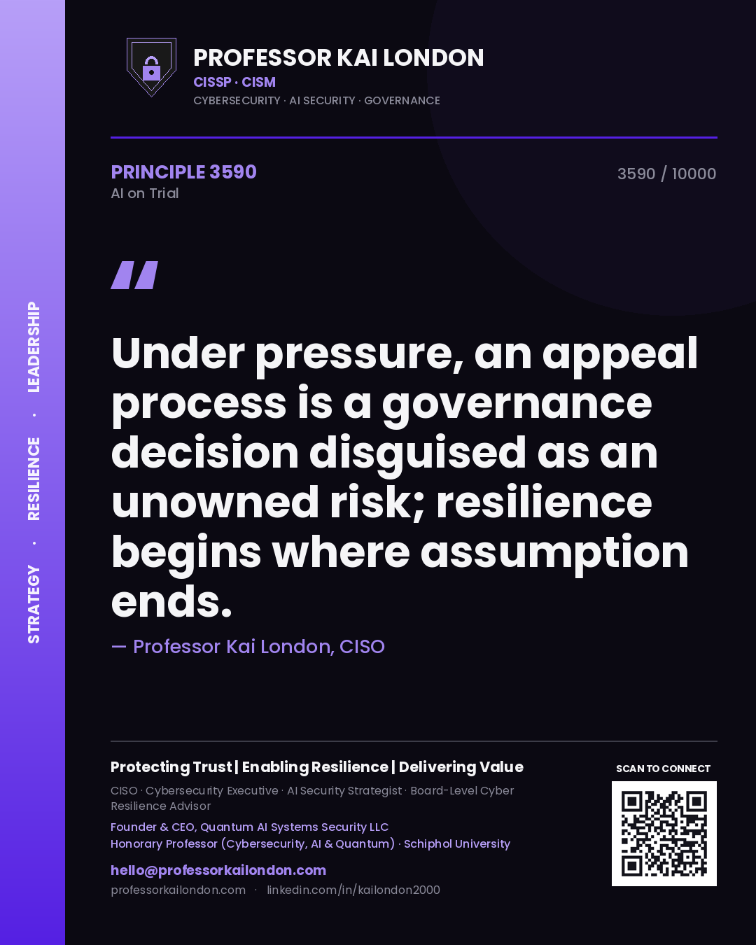 Quote card by Professor Kai London reading 'Under pressure, an appeal process is a governance decision disguised as an unowned risk; resilience begins where assumption ends.'. From the book AI on Trial.