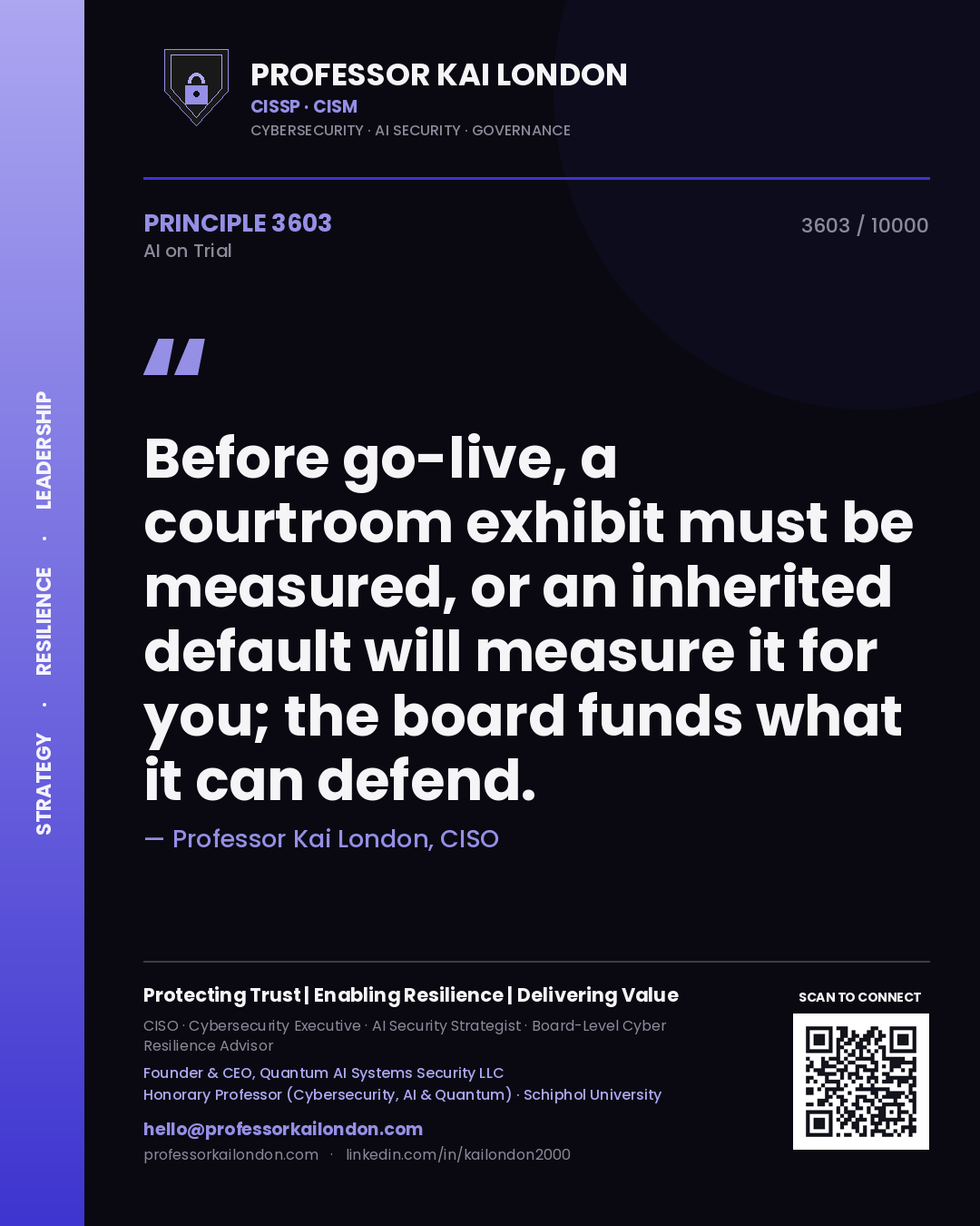Quote card by Professor Kai London reading 'Before go-live, a courtroom exhibit must be measured, or an inherited default will measure it for you; the board funds what it can defend.'. From the book AI on Trial.