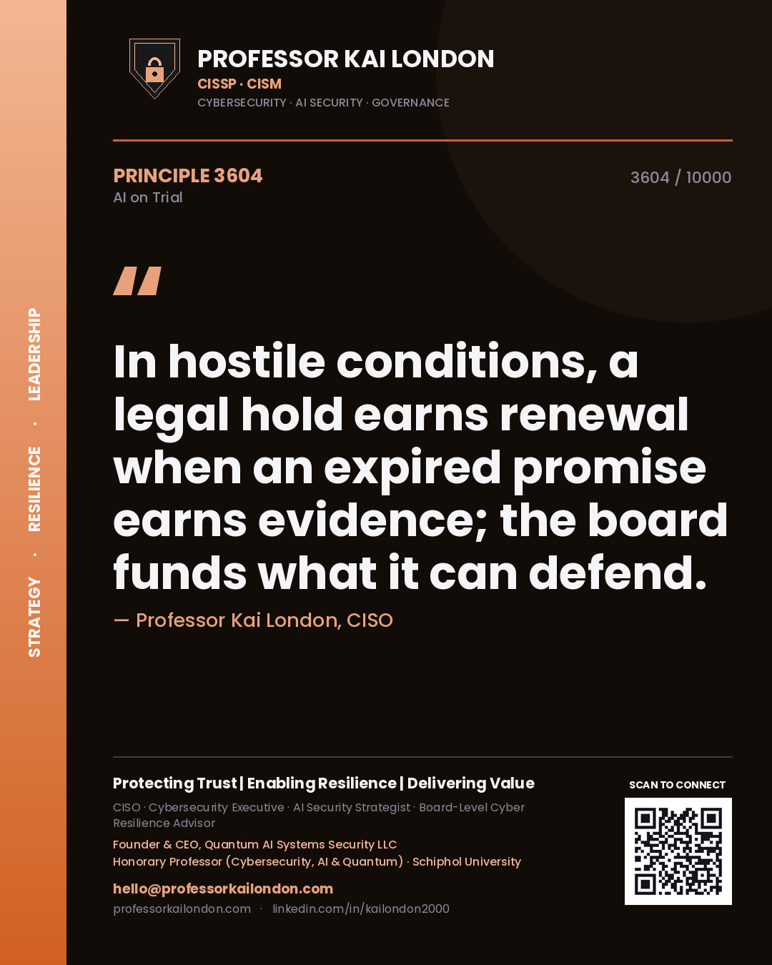 Quote card by Professor Kai London reading 'In hostile conditions, a legal hold earns renewal when an expired promise earns evidence; the board funds what it can defend.'. From the book AI on Trial.