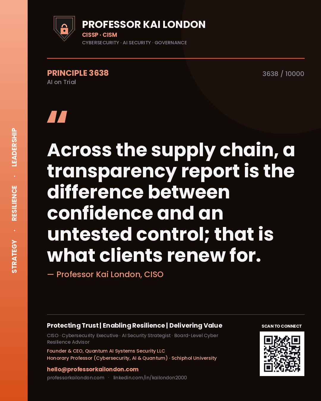 Professor Kai London principle 3638: Across the supply chain, a transparency report is the difference between confidence and an untested control; that is what clients renew for.
