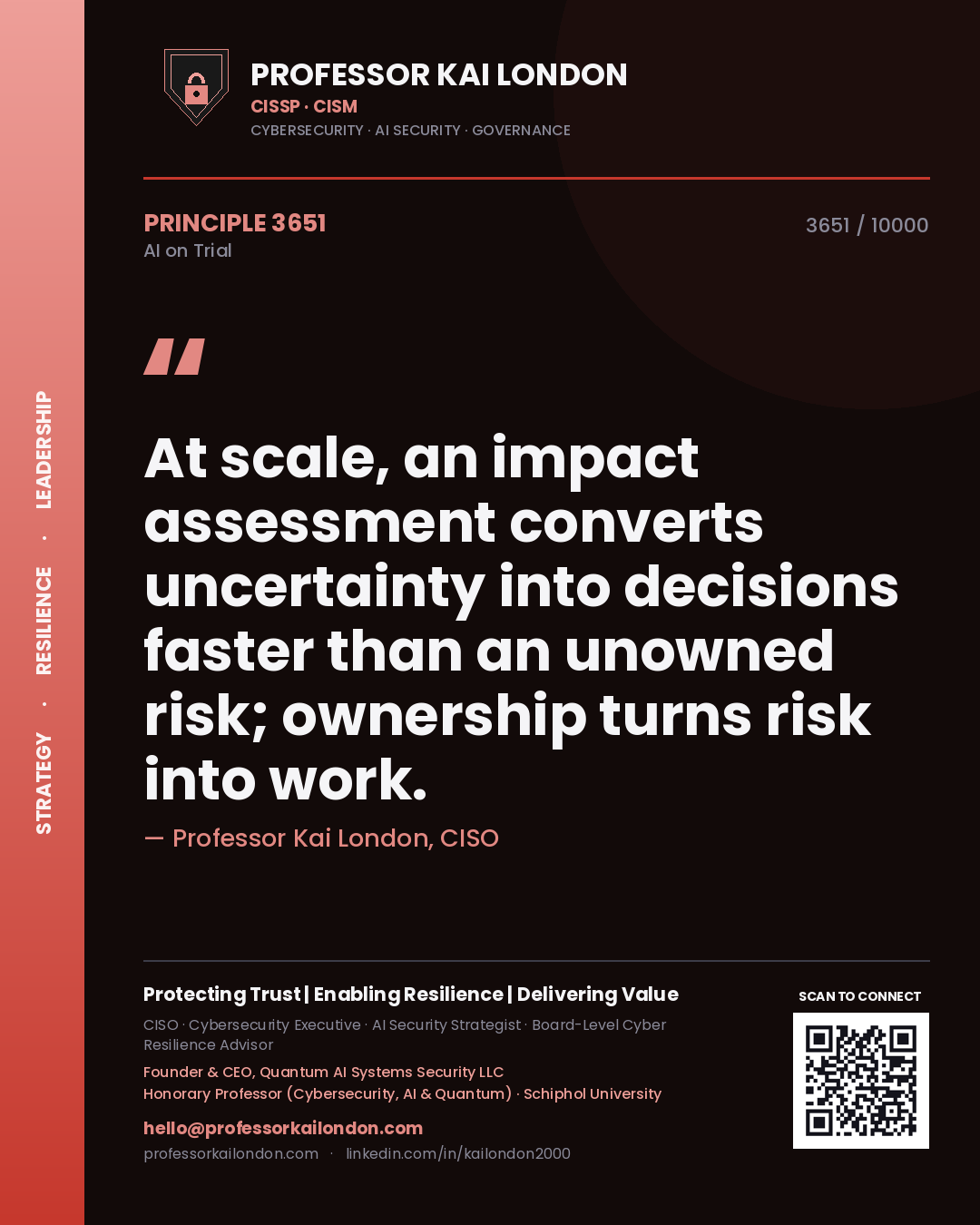 Professor Kai London principle 3651: At scale, an impact assessment converts uncertainty into decisions faster than an unowned risk; ownership turns risk into work.