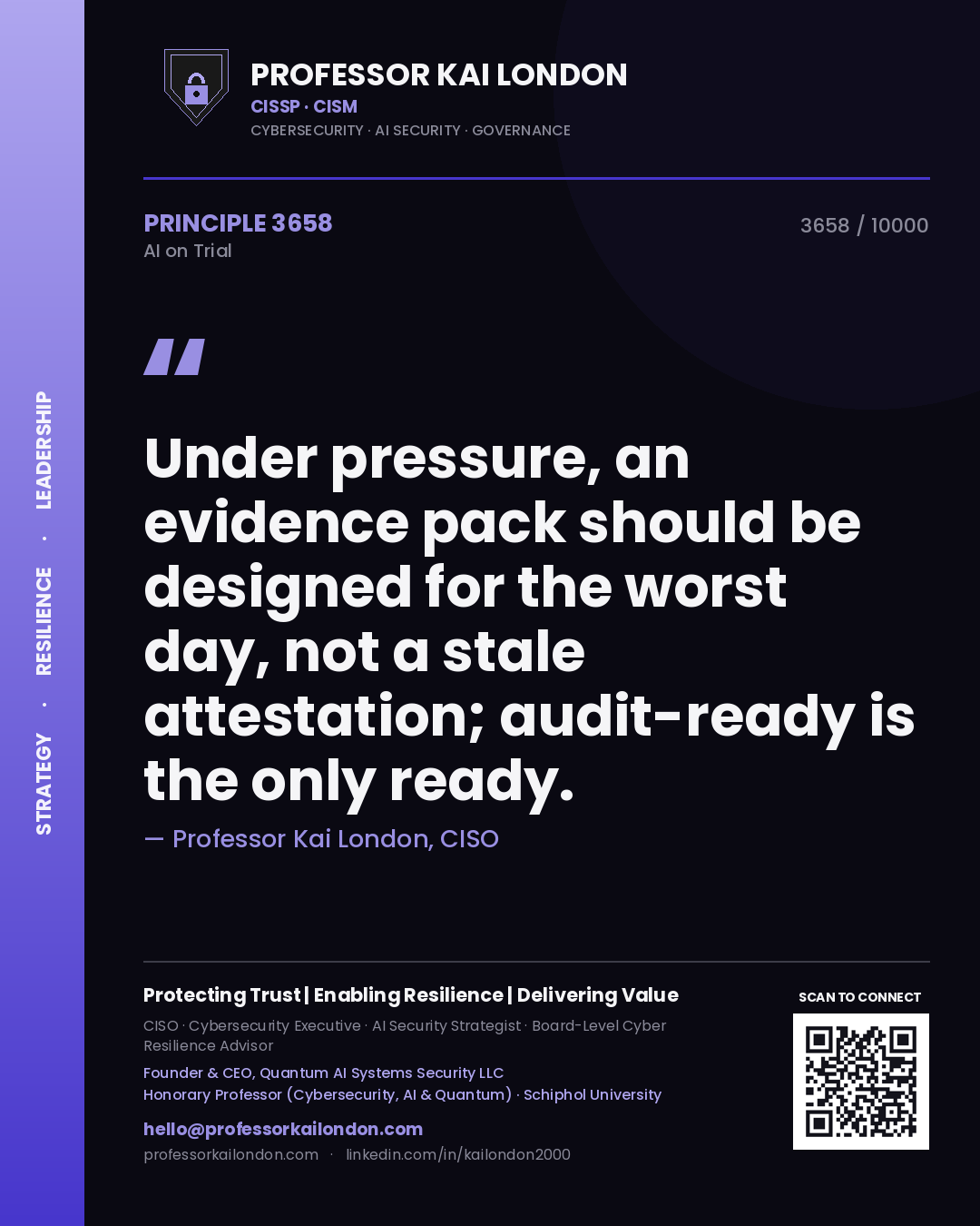 Quote card by Professor Kai London reading 'Under pressure, an evidence pack should be designed for the worst day, not a stale attestation; audit-ready is the only ready.'. From the book AI on Trial.