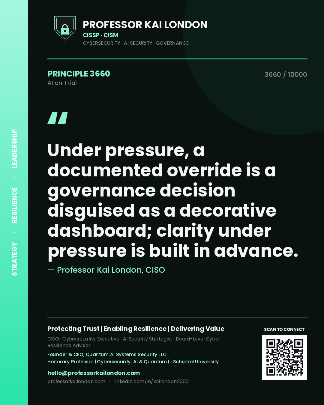 Quote card by Professor Kai London reading 'Under pressure, a documented override is a governance decision disguised as a decorative dashboard; clarity under pressure is built in advance.'. From the book AI on Trial.