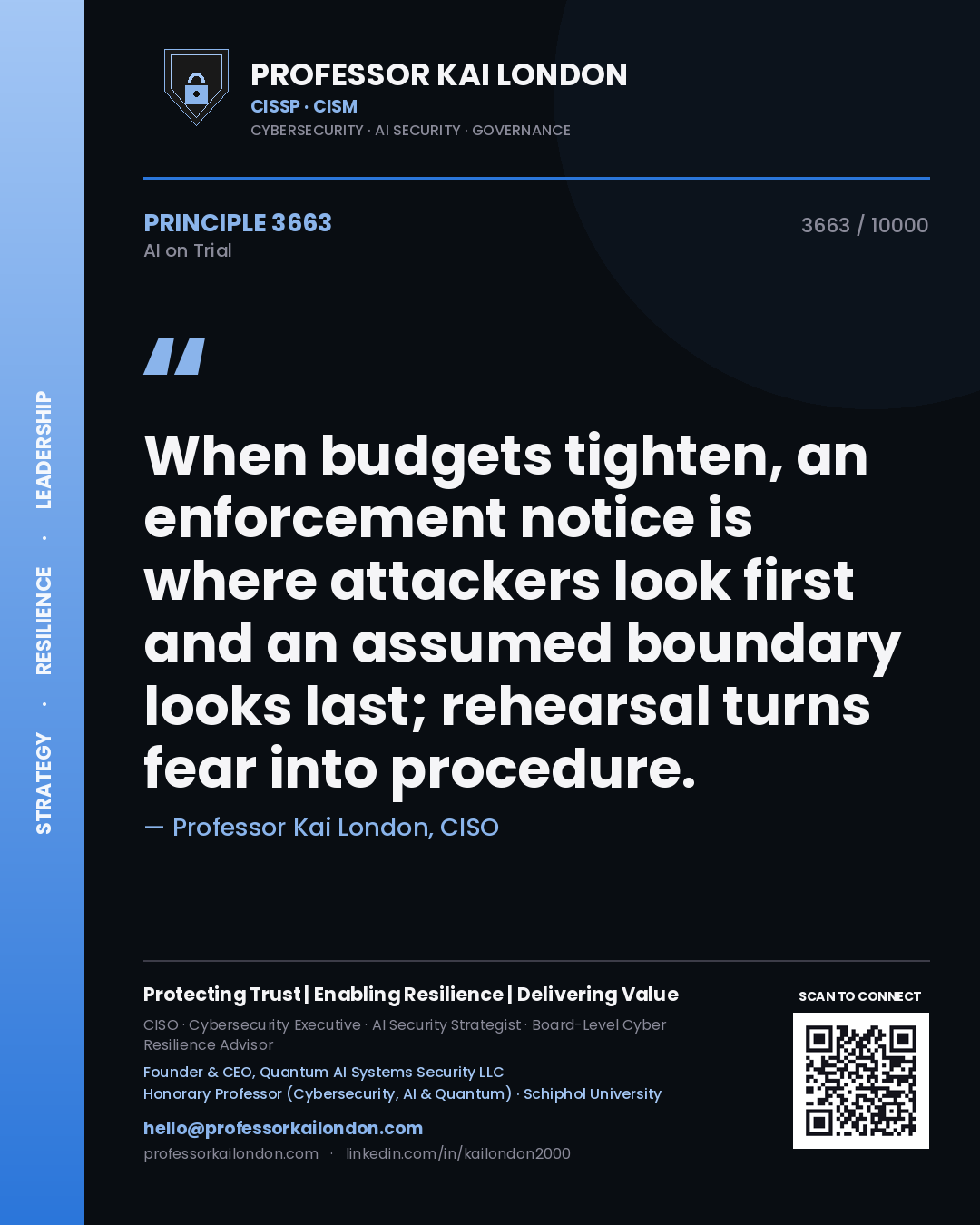 Quote card by Professor Kai London reading 'When budgets tighten, an enforcement notice is where attackers look first and an assumed boundary looks last; rehearsal turns fear into procedure.'. From the book AI on Trial.