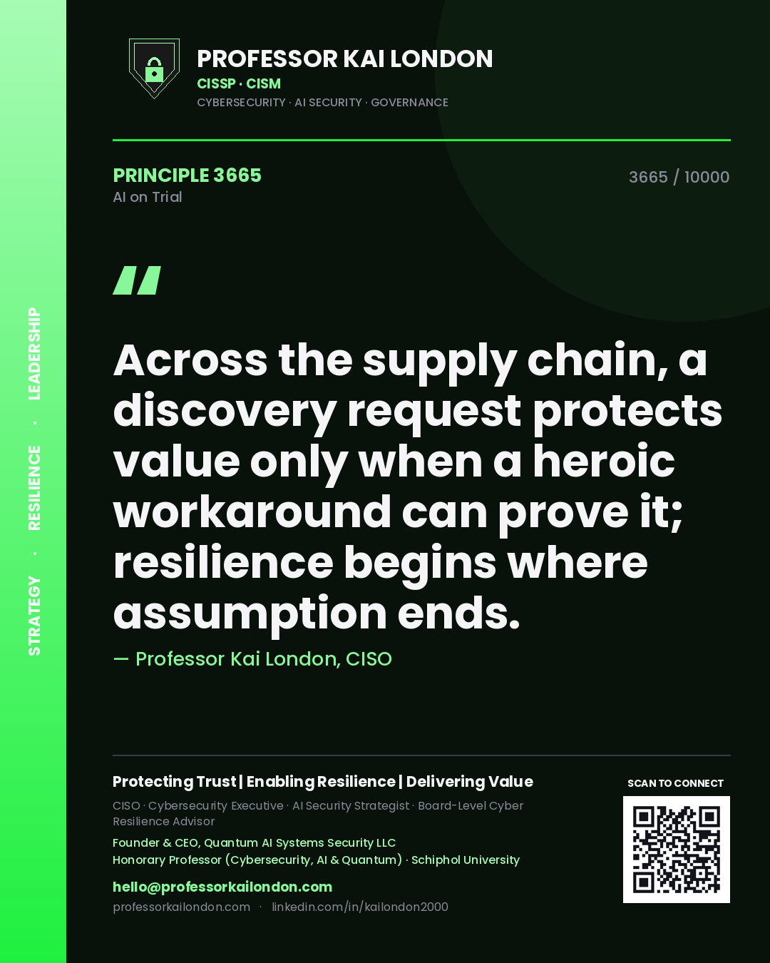 Professor Kai London principle 3665: Across the supply chain, a discovery request protects value only when a heroic workaround can prove it; resilience begins where assumption ends.