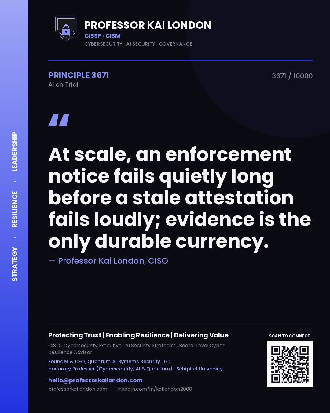 Professor Kai London principle 3671: At scale, an enforcement notice fails quietly long before a stale attestation fails loudly; evidence is the only durable currency.