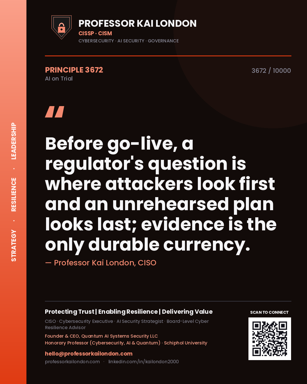 Quote card by Professor Kai London reading 'Before go-live, a regulator's question is where attackers look first and an unrehearsed plan looks last; evidence is the only durable currency.'. From the book AI on Trial.