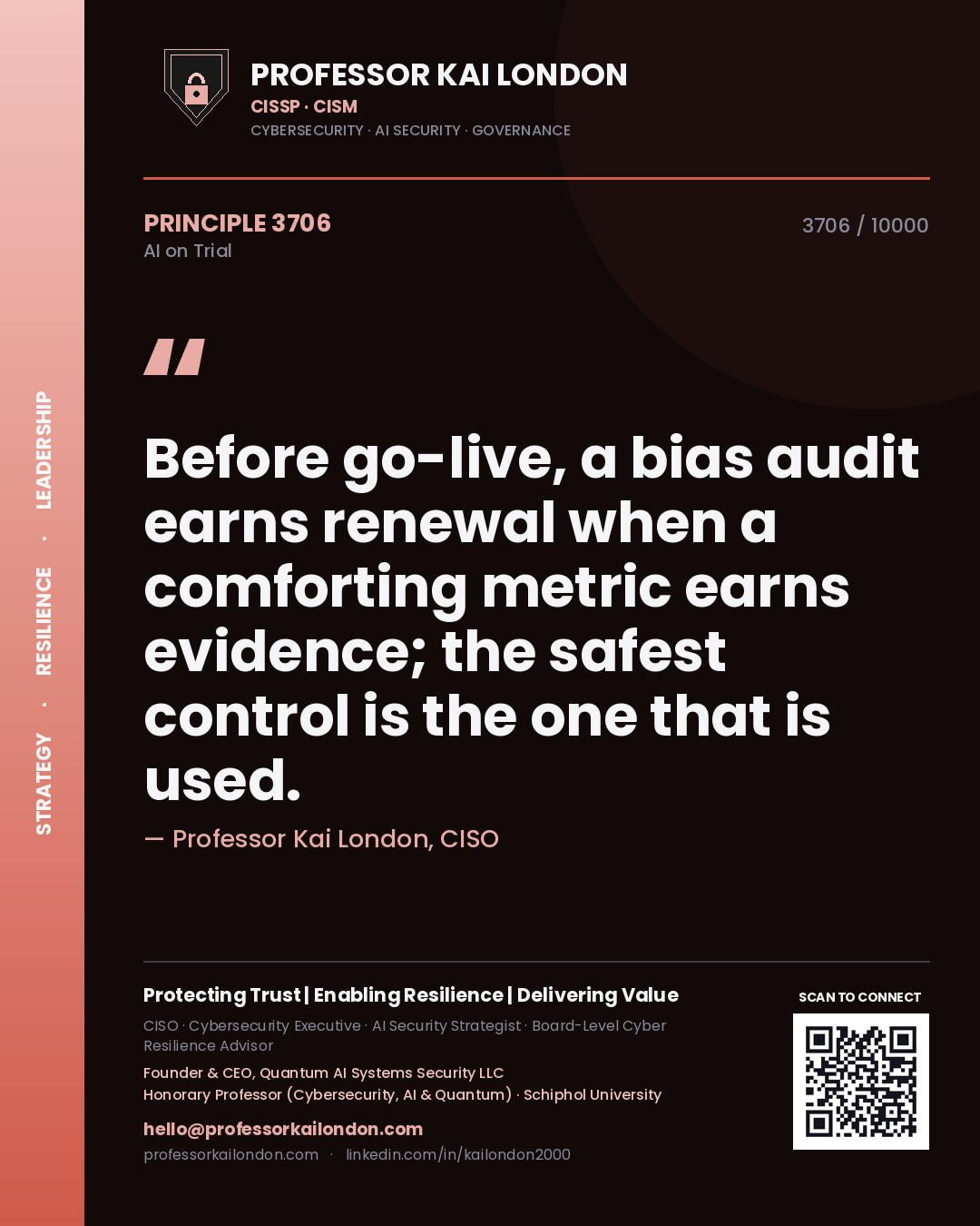 Professor Kai London principle 3706: Before go-live, a bias audit earns renewal when a comforting metric earns evidence; the safest control is the one that is used.