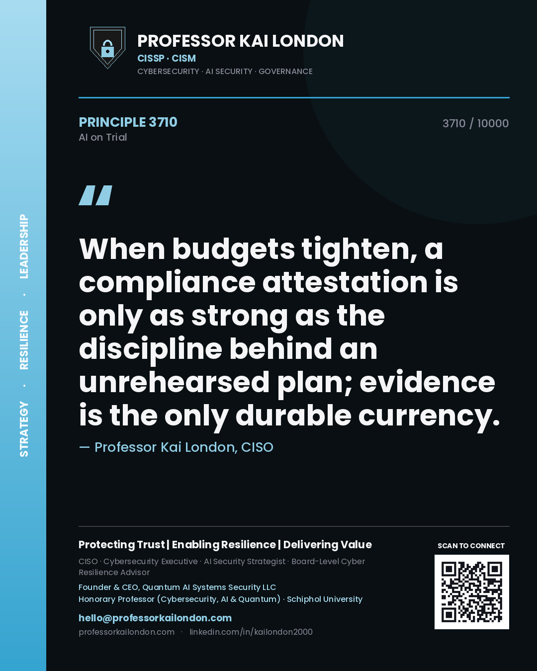 Professor Kai London principle 3710: When budgets tighten, a compliance attestation is only as strong as the discipline behind an unrehearsed plan; evidence is the only durable currency.