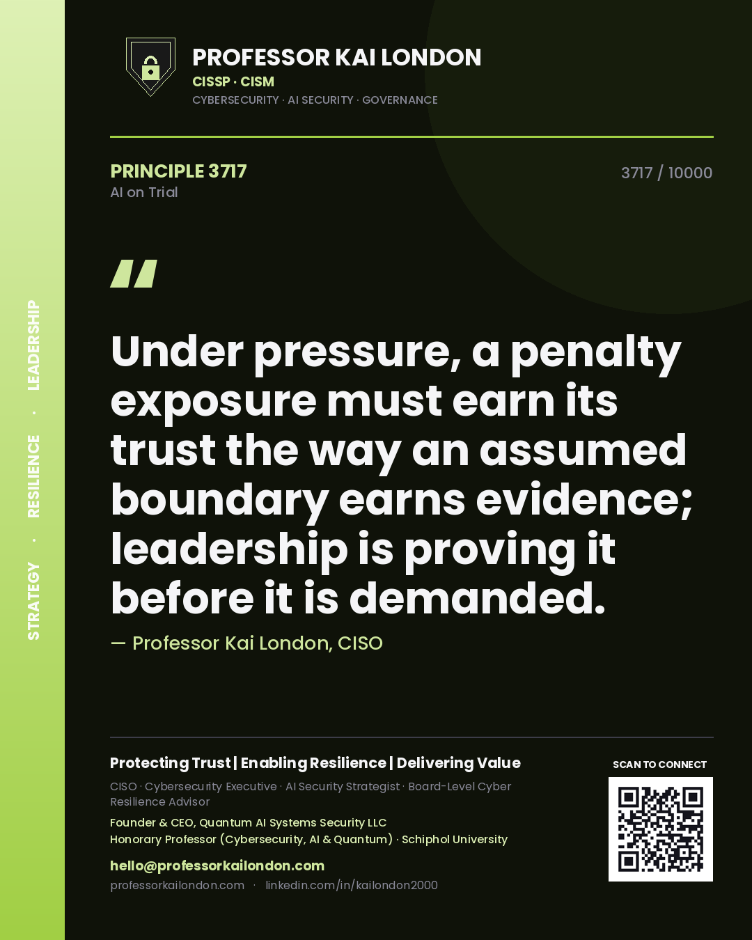 Quote card by Professor Kai London reading 'Under pressure, a penalty exposure must earn its trust the way an assumed boundary earns evidence; leadership is proving it before it is demanded.'. From the book AI on Trial.