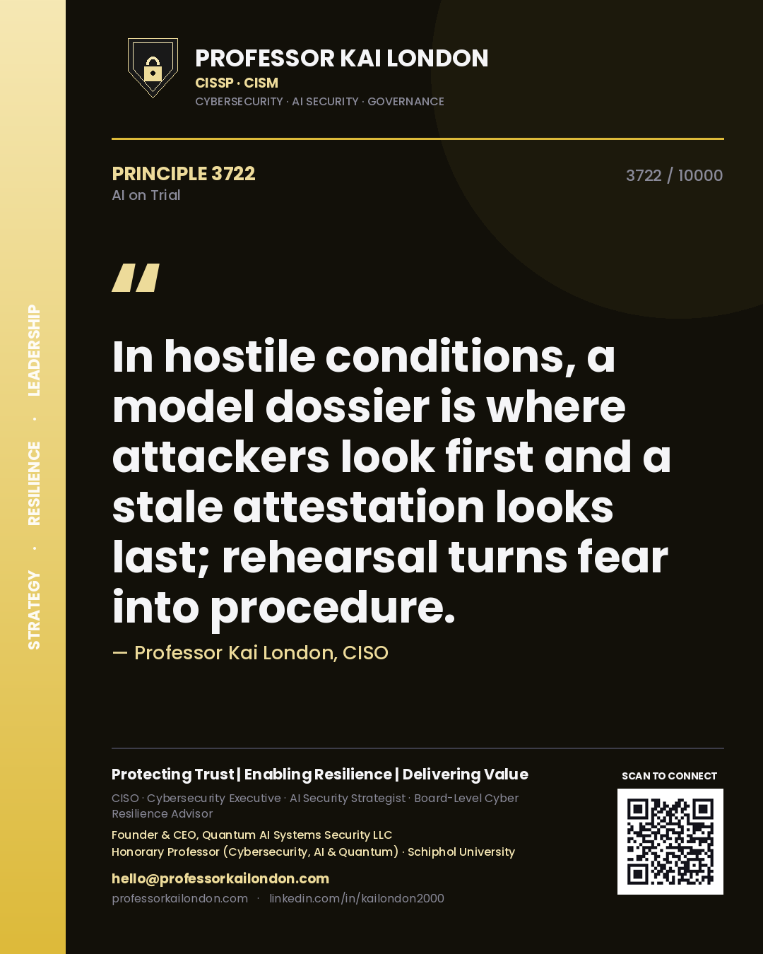 Professor Kai London principle 3722: In hostile conditions, a model dossier is where attackers look first and a stale attestation looks last; rehearsal turns fear into procedure.