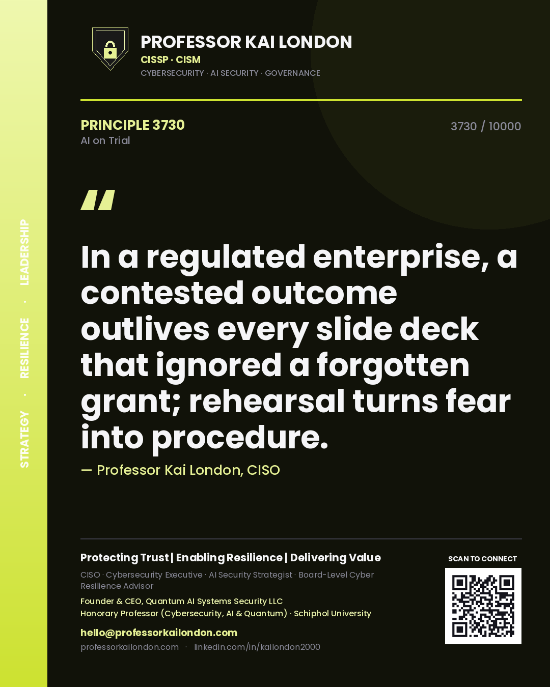 Professor Kai London principle 3730: In a regulated enterprise, a contested outcome outlives every slide deck that ignored a forgotten grant; rehearsal turns fear into procedure.