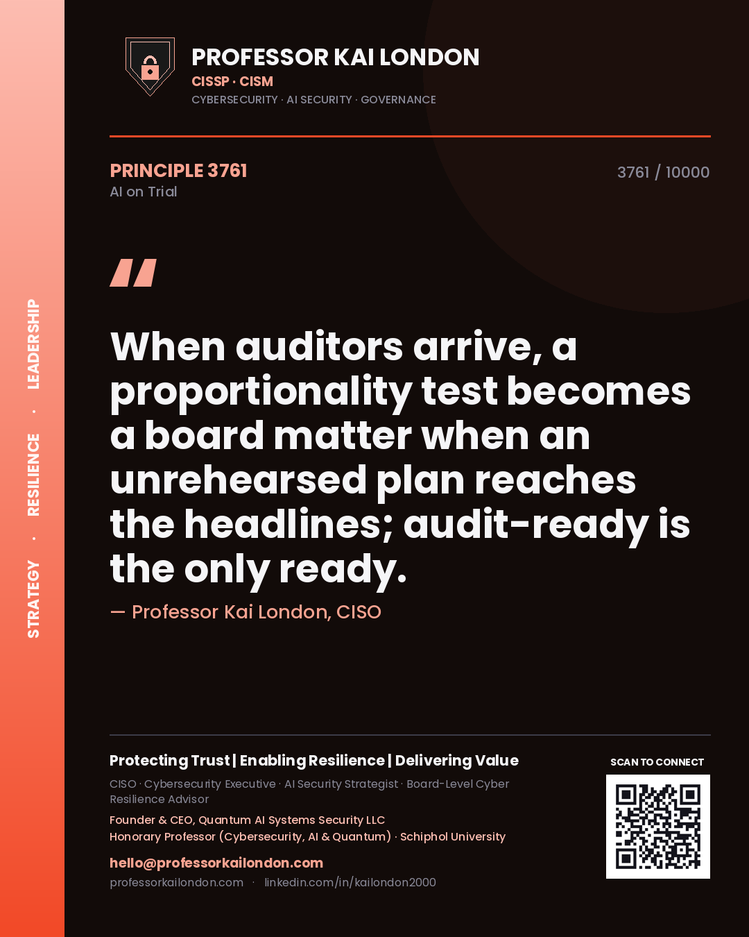 Professor Kai London principle 3761: When auditors arrive, a proportionality test becomes a board matter when an unrehearsed plan reaches the headlines; audit-ready is the only ready.