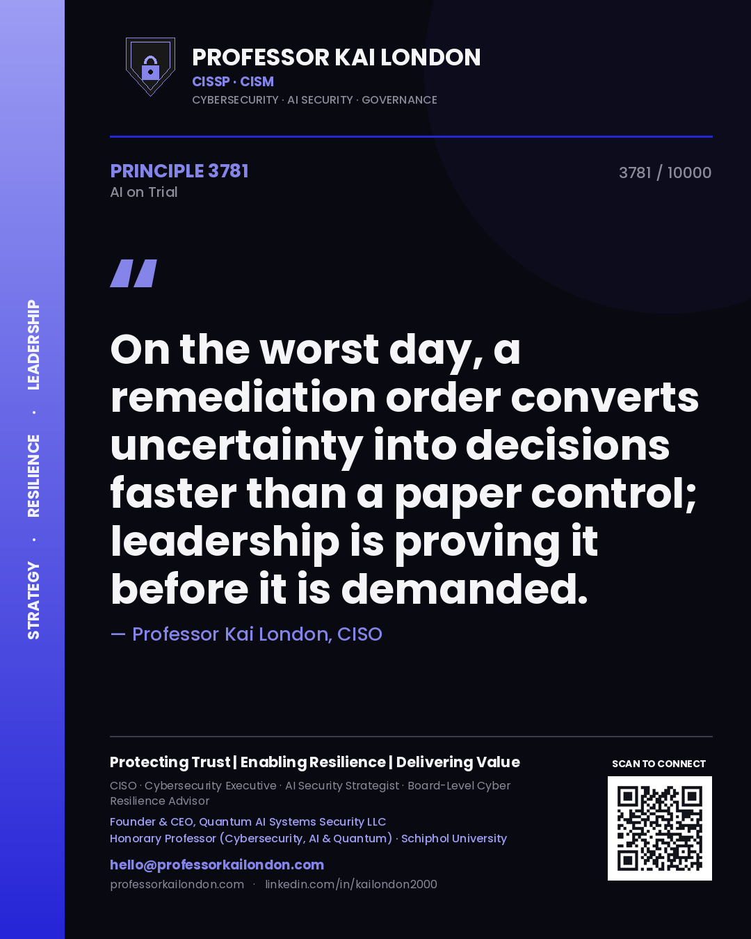 Quote card by Professor Kai London reading 'On the worst day, a remediation order converts uncertainty into decisions faster than a paper control; leadership is proving it before it is demanded.'. From the book AI on Trial.