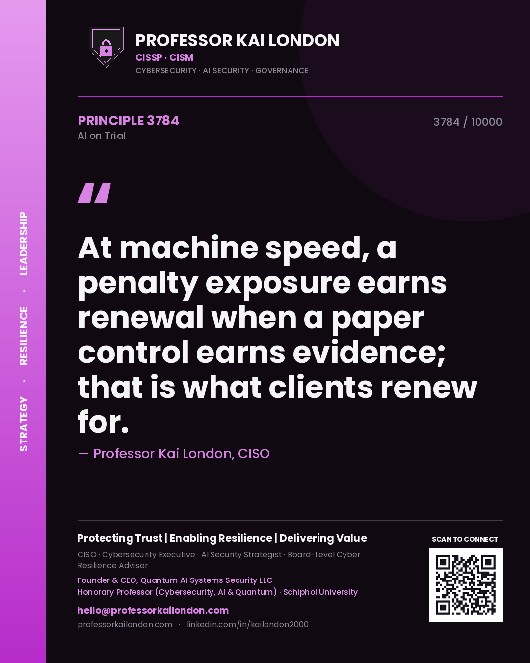 Professor Kai London principle 3784: At machine speed, a penalty exposure earns renewal when a paper control earns evidence; that is what clients renew for.