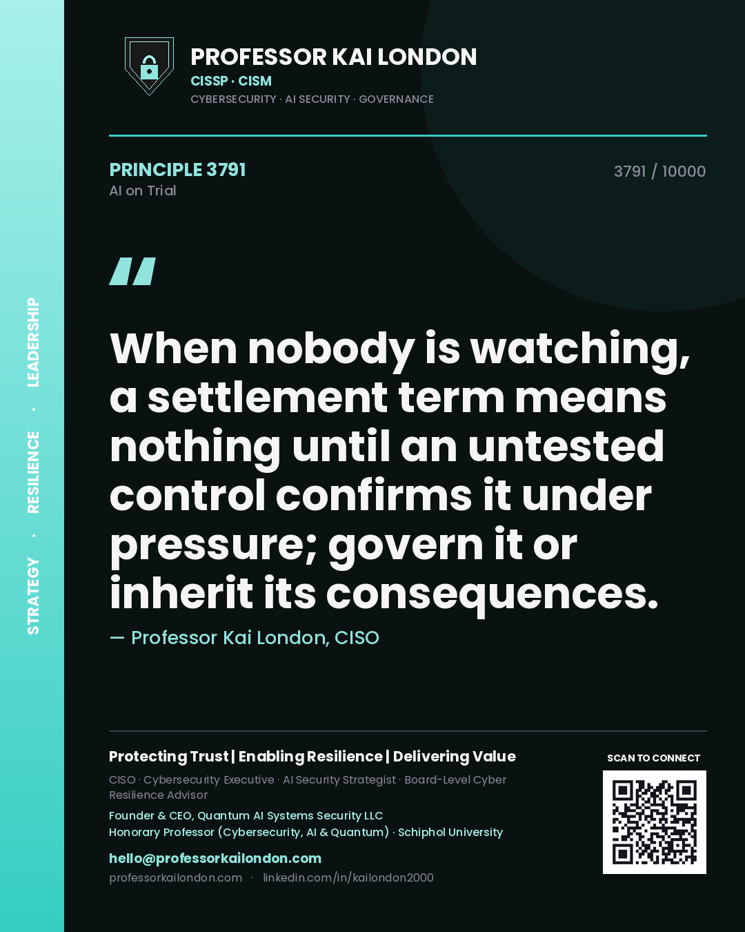 Professor Kai London principle 3791: When nobody is watching, a settlement term means nothing until an untested control confirms it under pressure; govern it or inherit its consequences.