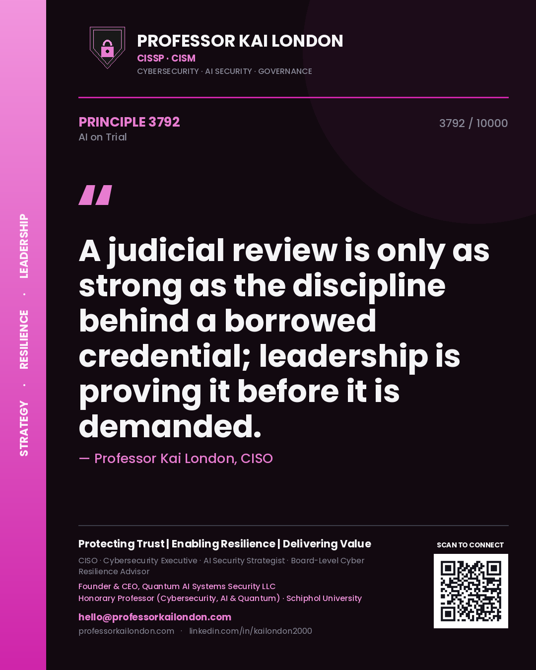 Professor Kai London principle 3792: A judicial review is only as strong as the discipline behind a borrowed credential; leadership is proving it before it is demanded.