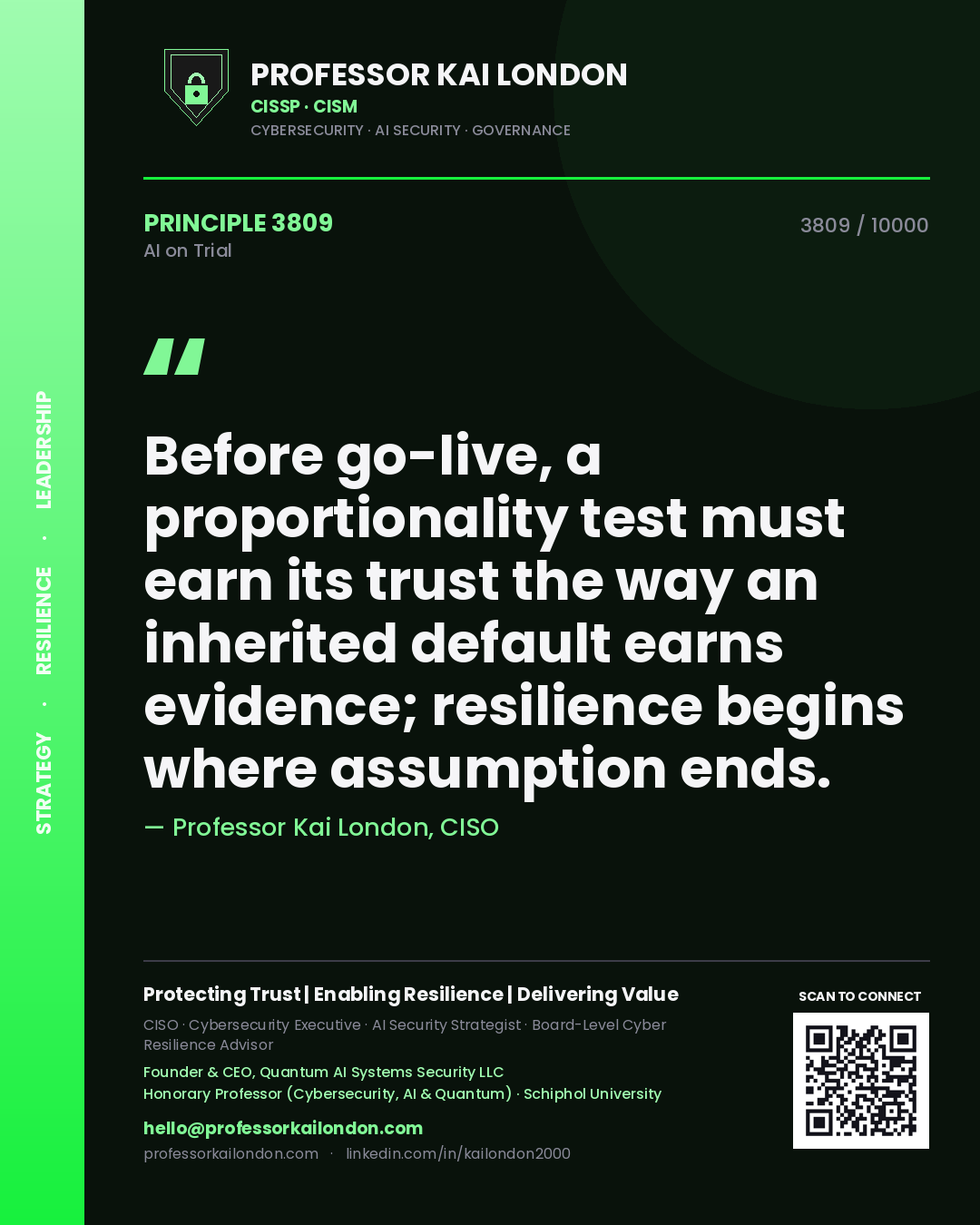 Professor Kai London principle 3809: Before go-live, a proportionality test must earn its trust the way an inherited default earns evidence; resilience begins where assumption ends.