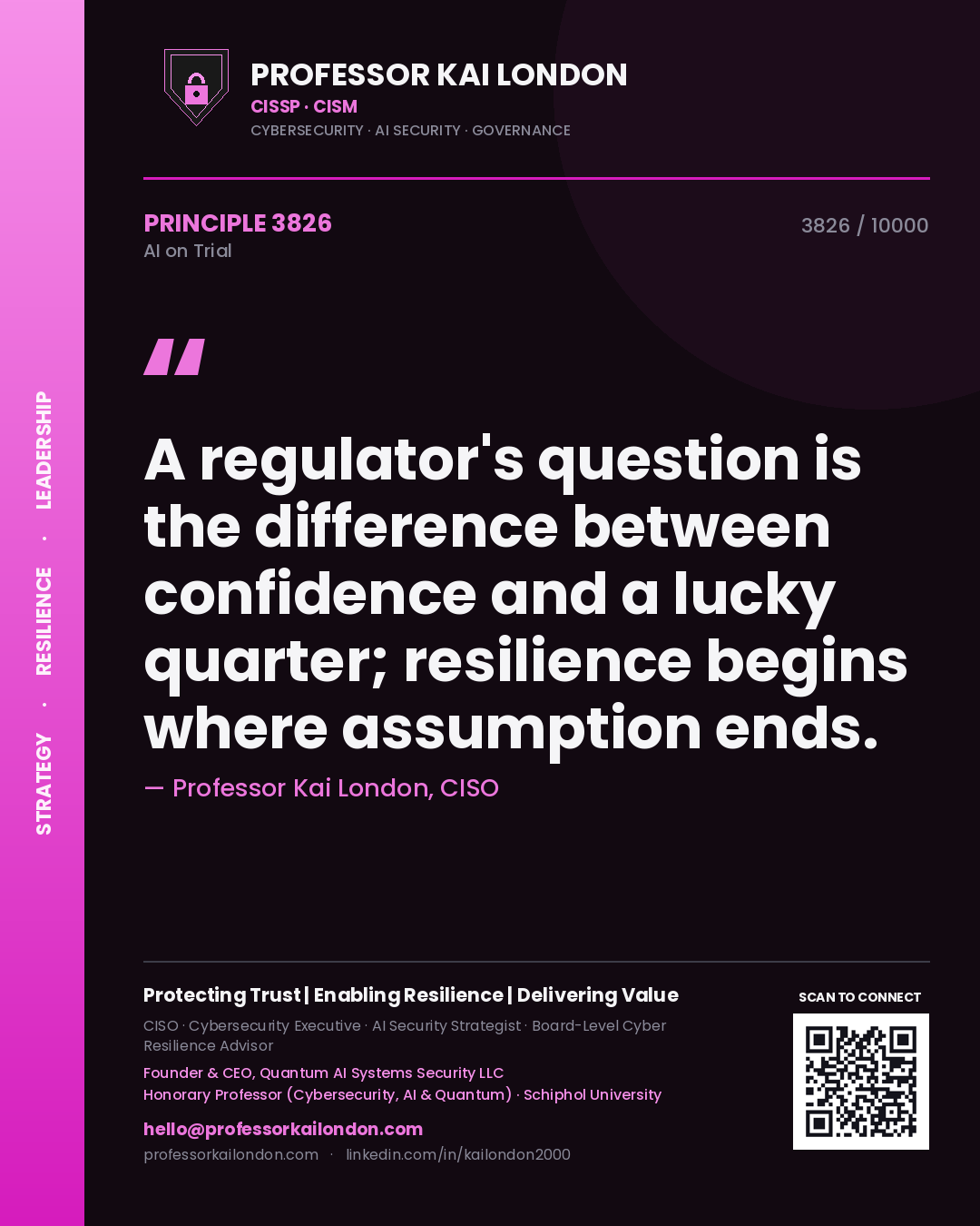 Professor Kai London principle 3826: A regulator's question is the difference between confidence and a lucky quarter; resilience begins where assumption ends.