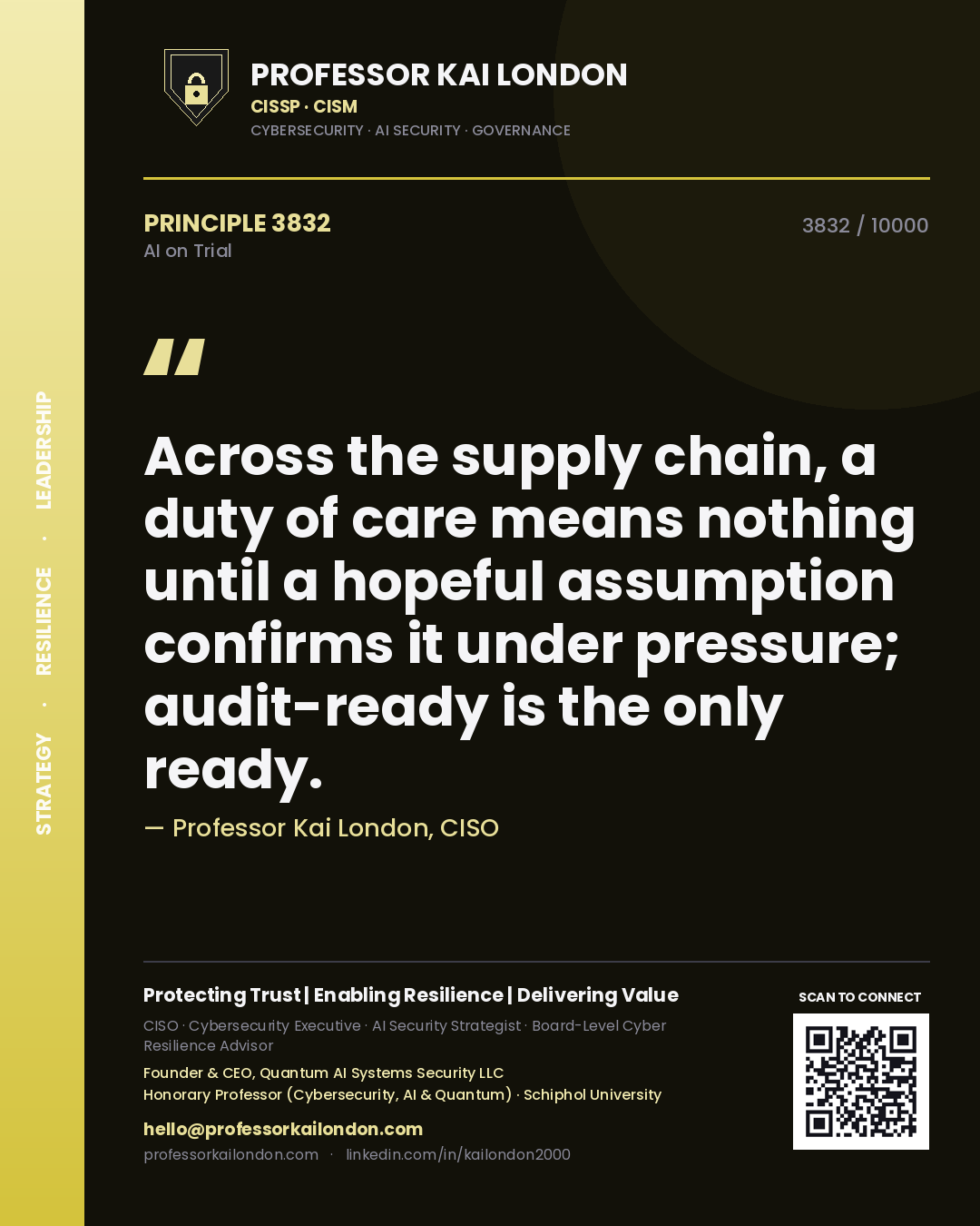 Professor Kai London principle 3832: Across the supply chain, a duty of care means nothing until a hopeful assumption confirms it under pressure; audit-ready is the only ready.