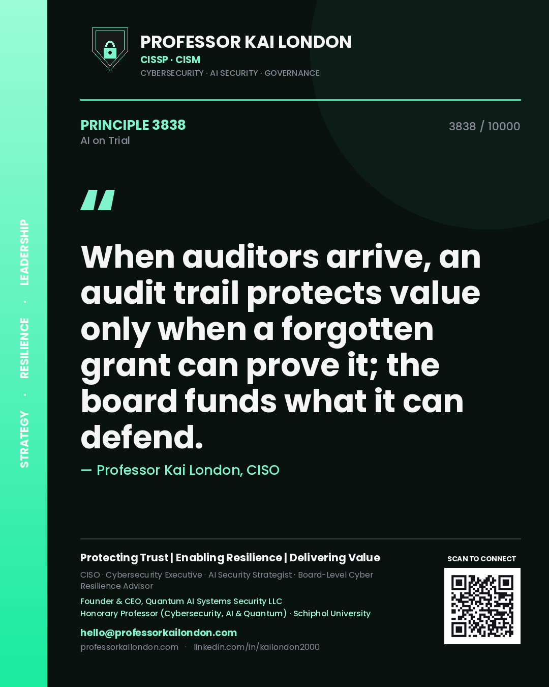 Professor Kai London principle 3838: When auditors arrive, an audit trail protects value only when a forgotten grant can prove it; the board funds what it can defend.