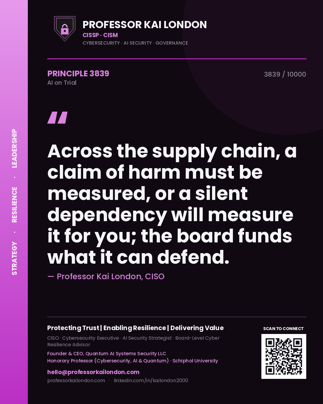 Professor Kai London principle 3839: Across the supply chain, a claim of harm must be measured, or a silent dependency will measure it for you; the board funds what it can defend.