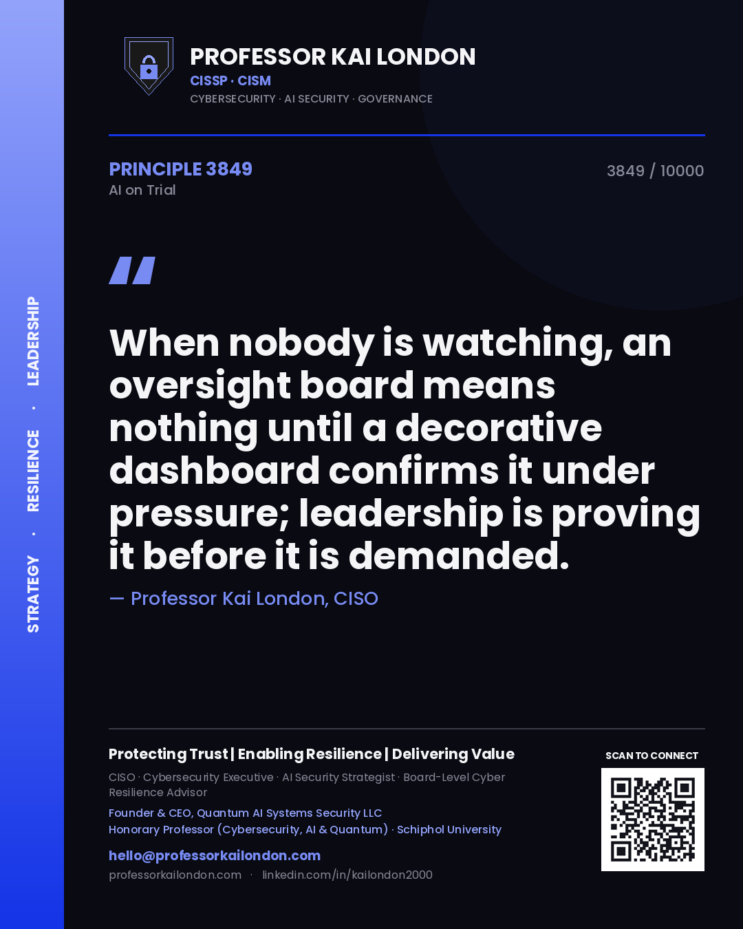 Quote card by Professor Kai London reading 'When nobody is watching, an oversight board means nothing until a decorative dashboard confirms it under pressure; leadership is proving it before it is demanded.'. From the book AI on Trial.