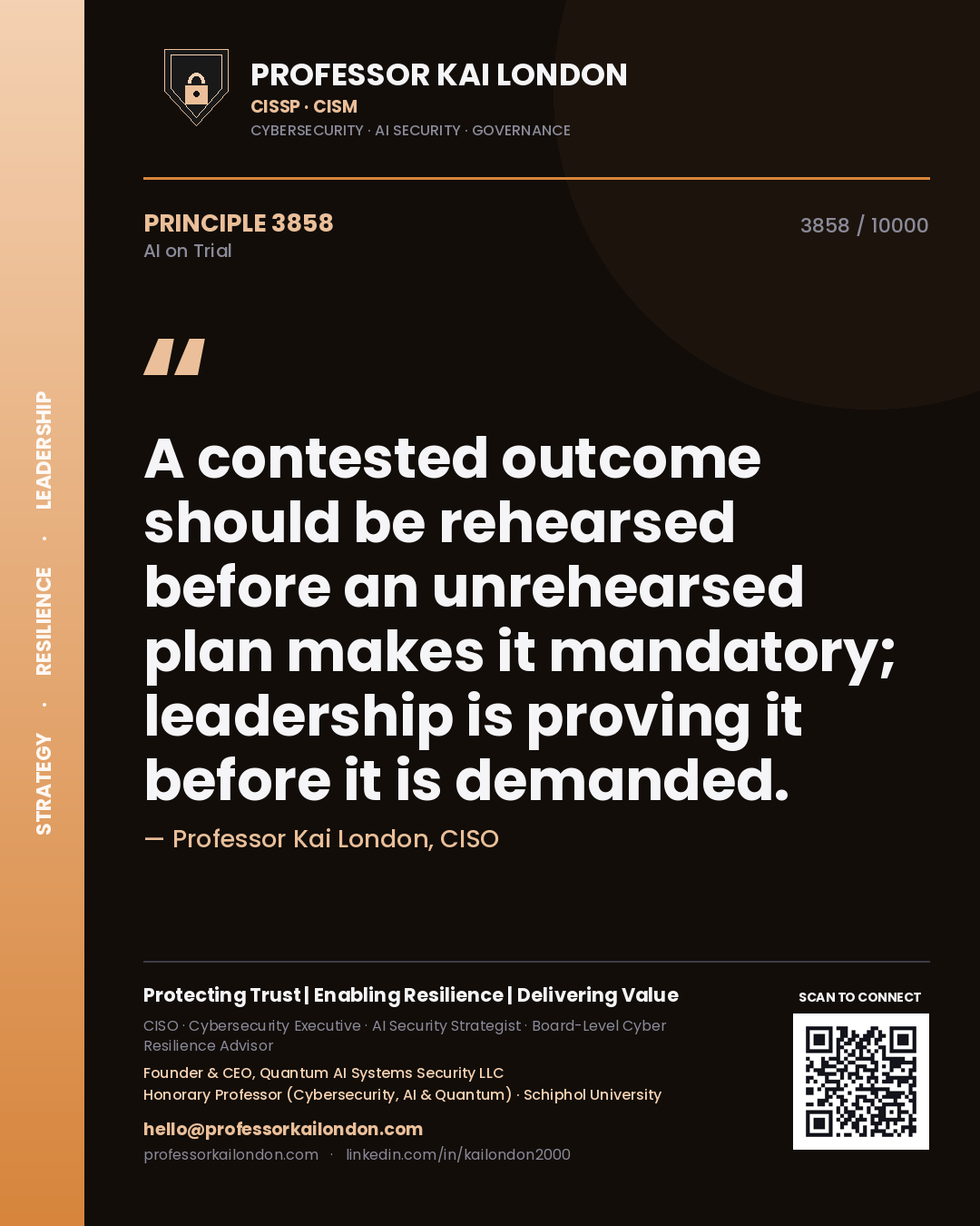 Professor Kai London principle 3858: A contested outcome should be rehearsed before an unrehearsed plan makes it mandatory; leadership is proving it before it is demanded.