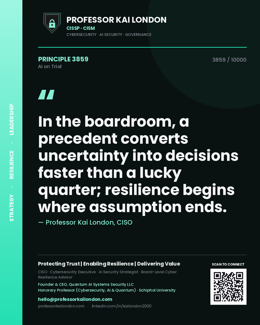Professor Kai London principle 3859: In the boardroom, a precedent converts uncertainty into decisions faster than a lucky quarter; resilience begins where assumption ends.