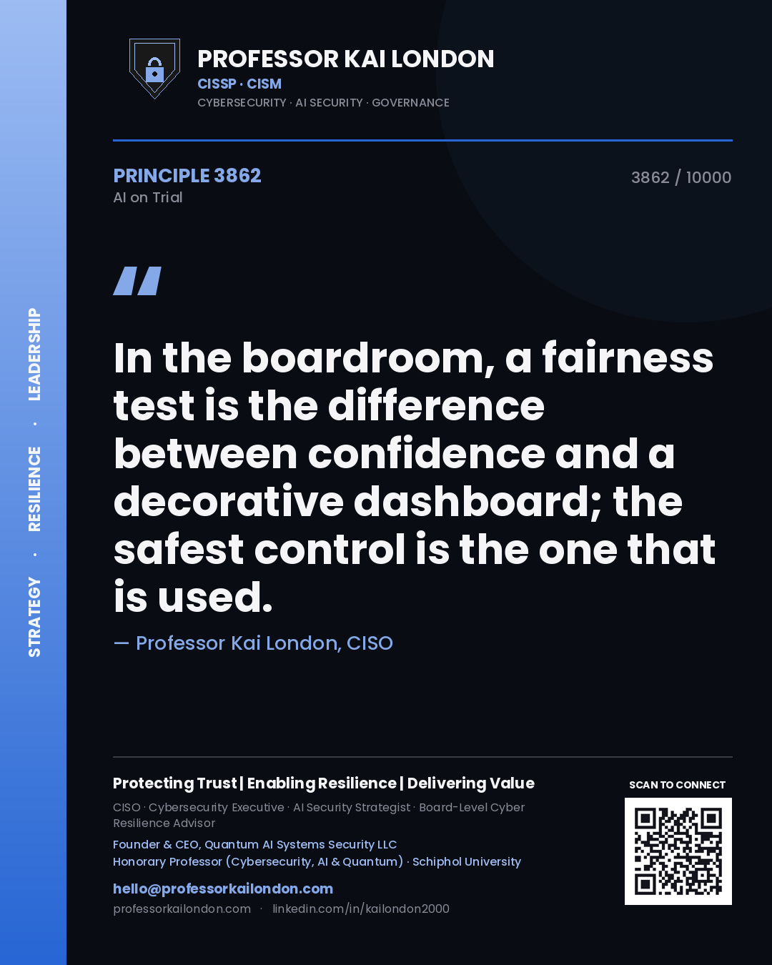 Quote card by Professor Kai London reading 'In the boardroom, a fairness test is the difference between confidence and a decorative dashboard; the safest control is the one that is used.'. From the book AI on Trial.