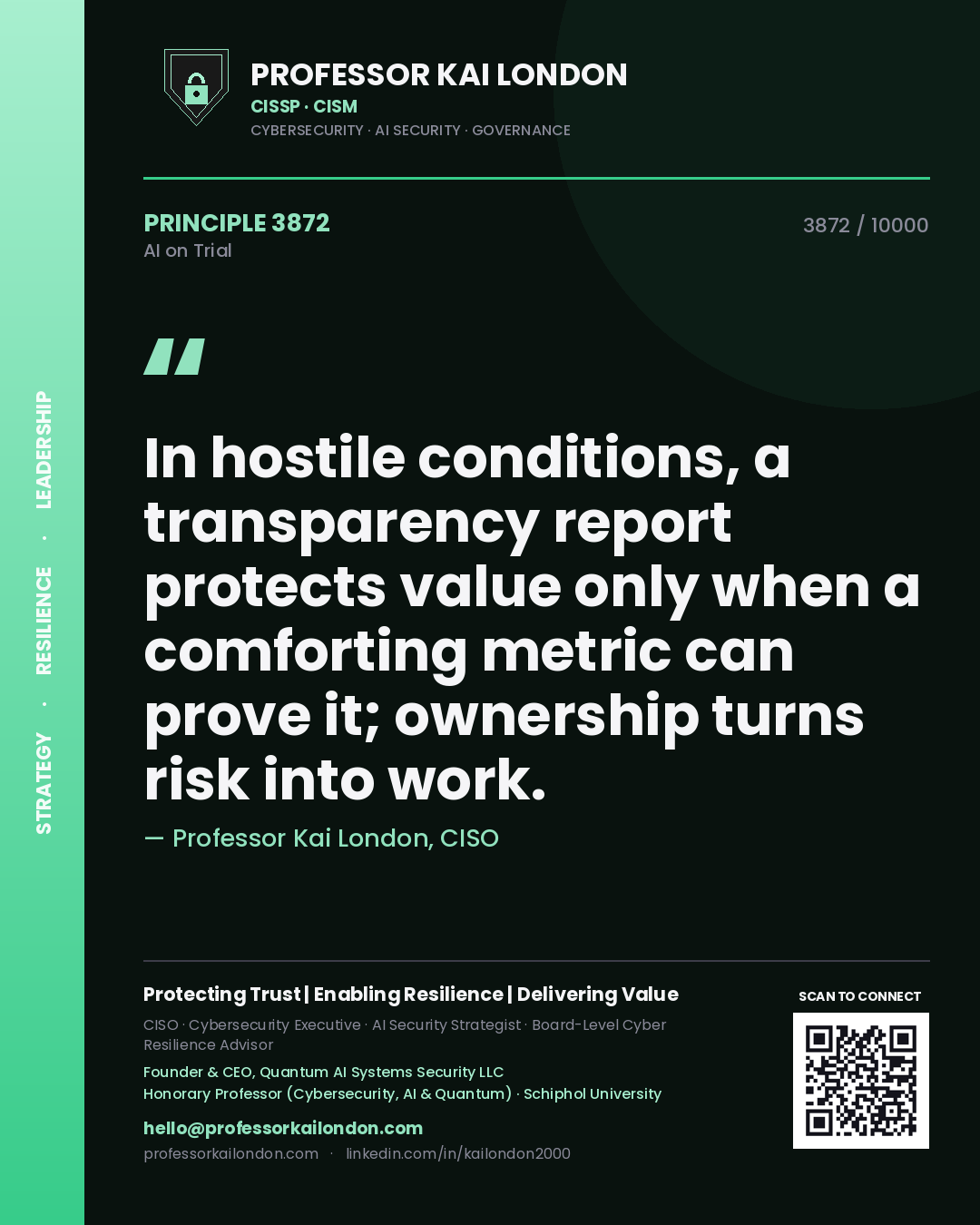 Professor Kai London principle 3872: In hostile conditions, a transparency report protects value only when a comforting metric can prove it; ownership turns risk into work.
