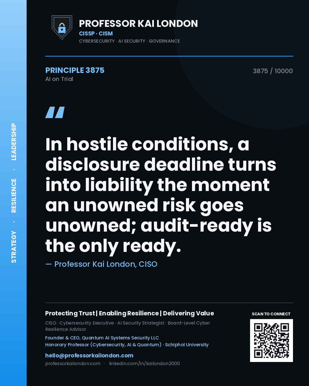 Professor Kai London principle 3875: In hostile conditions, a disclosure deadline turns into liability the moment an unowned risk goes unowned; audit-ready is the only ready.