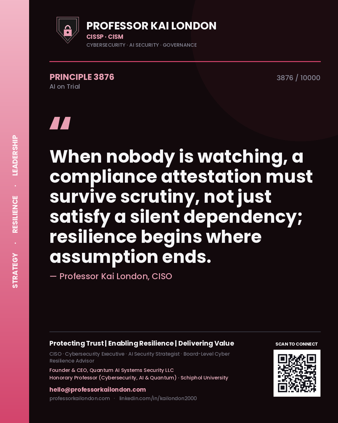 Professor Kai London principle 3876: When nobody is watching, a compliance attestation must survive scrutiny, not just satisfy a silent dependency; resilience begins where assumption ends.