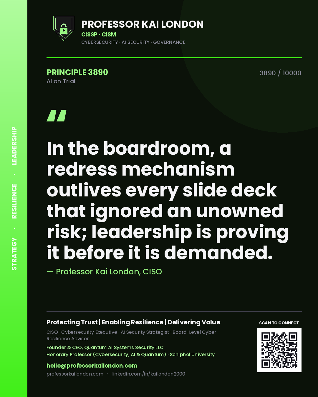 Professor Kai London principle 3890: In the boardroom, a redress mechanism outlives every slide deck that ignored an unowned risk; leadership is proving it before it is demanded.