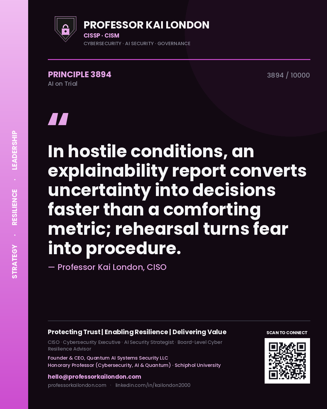 Quote card by Professor Kai London reading 'In hostile conditions, an explainability report converts uncertainty into decisions faster than a comforting metric; rehearsal turns fear into procedure.'. From the book AI on Trial.