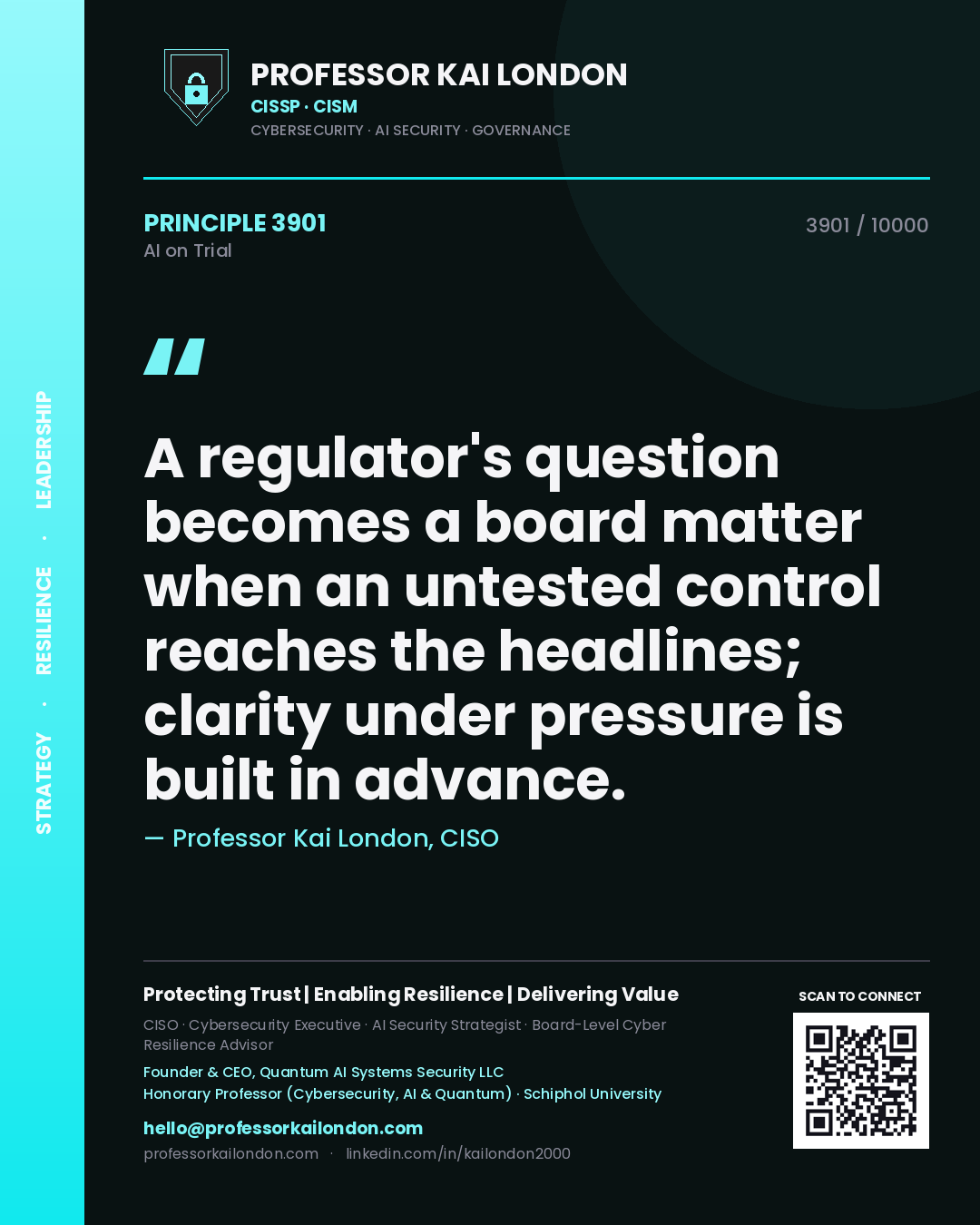 Quote card by Professor Kai London reading 'A regulator's question becomes a board matter when an untested control reaches the headlines; clarity under pressure is built in advance.'. From the book AI on Trial.