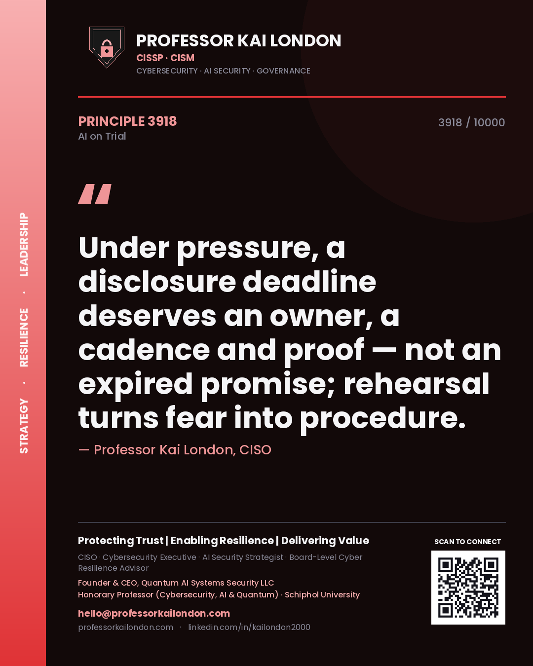 Quote card by Professor Kai London reading 'Under pressure, a disclosure deadline deserves an owner, a cadence and proof — not an expired promise; rehearsal turns fear into procedure.'. From the book AI on Trial.