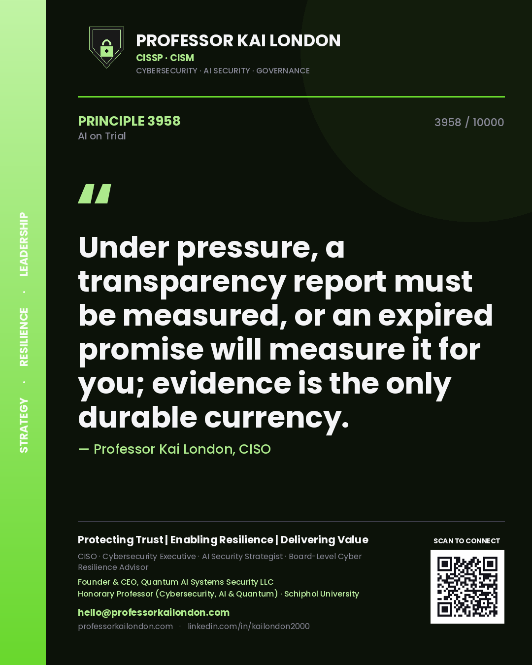 Professor Kai London principle 3958: Under pressure, a transparency report must be measured, or an expired promise will measure it for you; evidence is the only durable currency.
