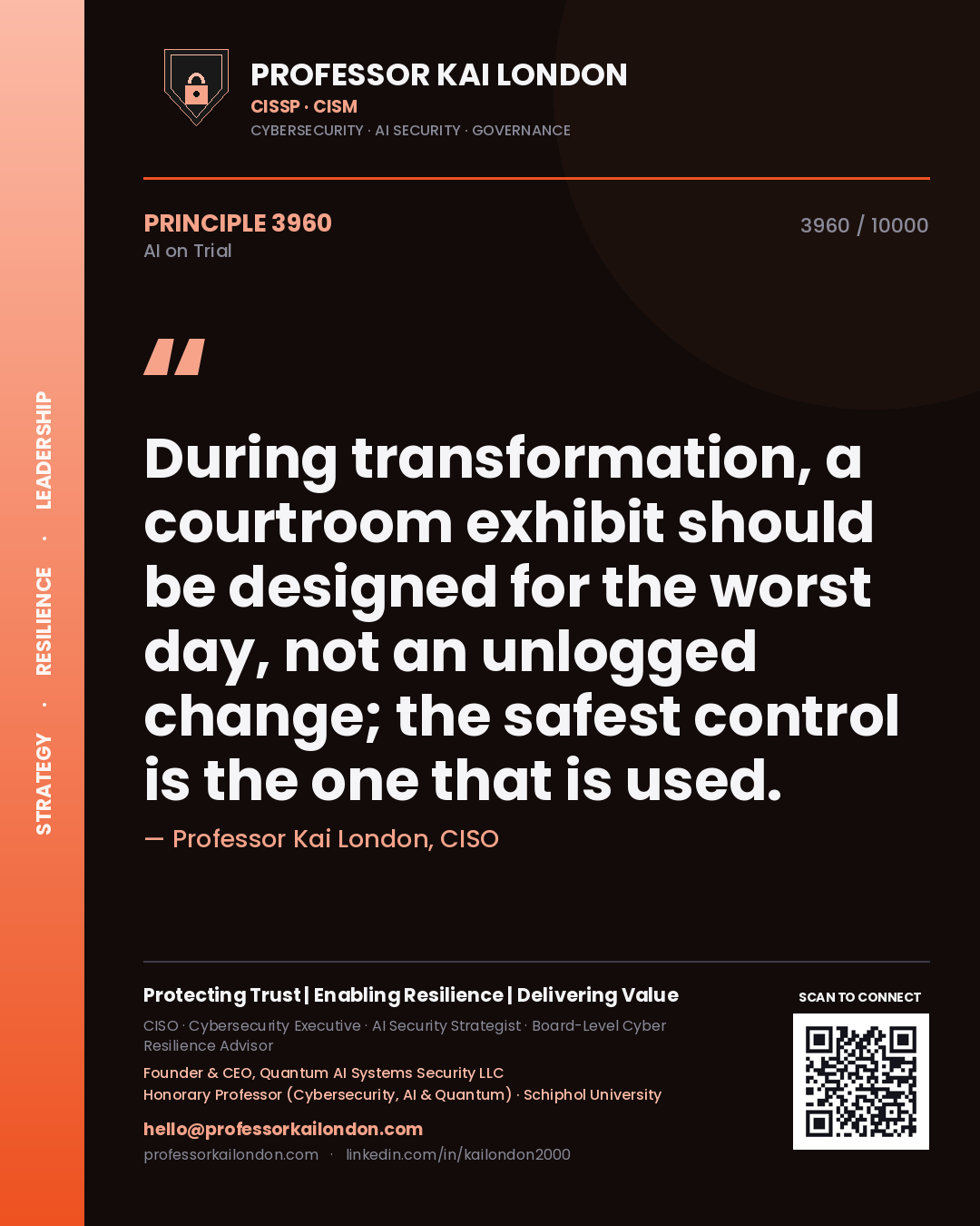 Professor Kai London principle 3960: During transformation, a courtroom exhibit should be designed for the worst day, not an unlogged change; the safest control is the one that is used.