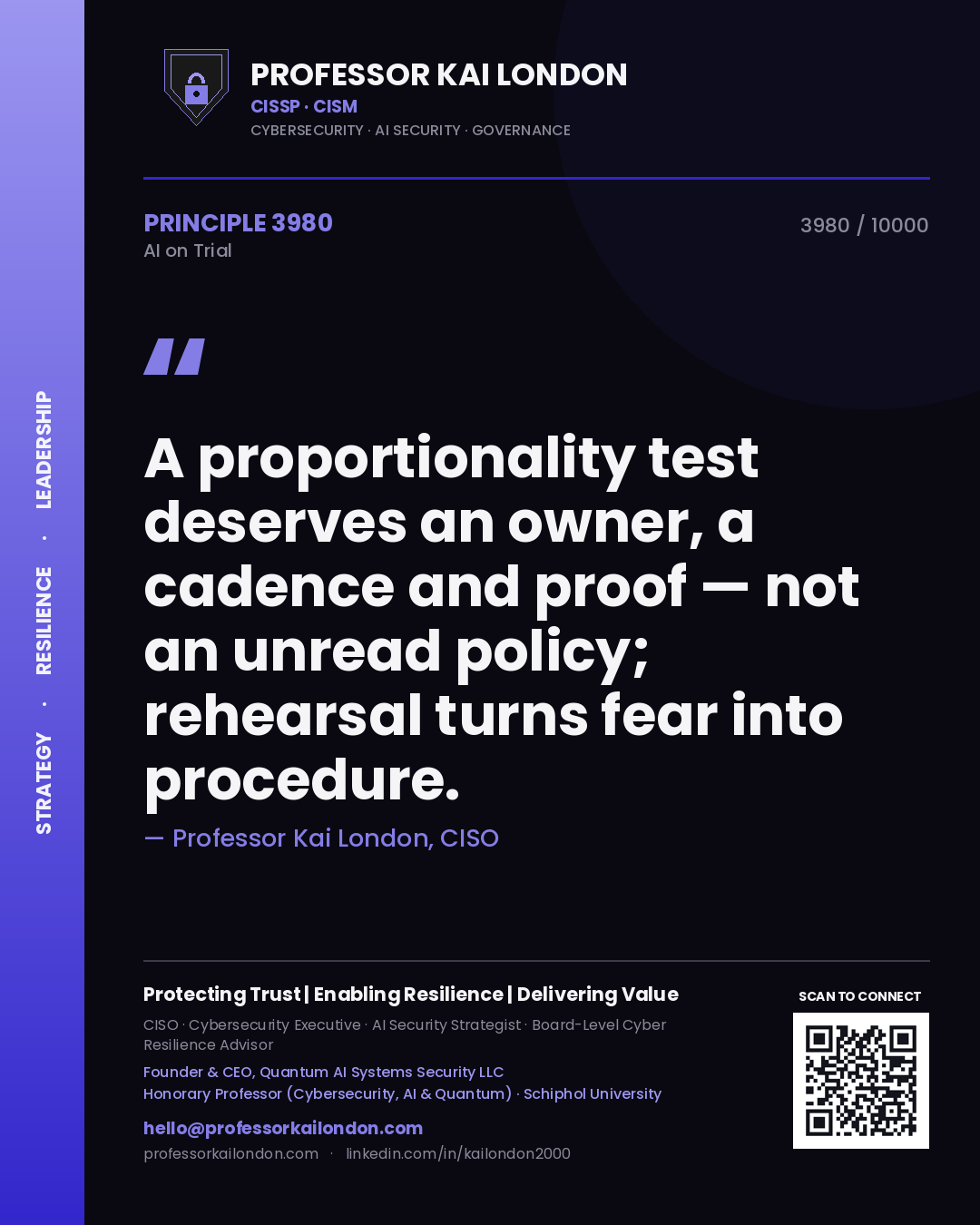 Professor Kai London principle 3980: A proportionality test deserves an owner, a cadence and proof — not an unread policy; rehearsal turns fear into procedure.