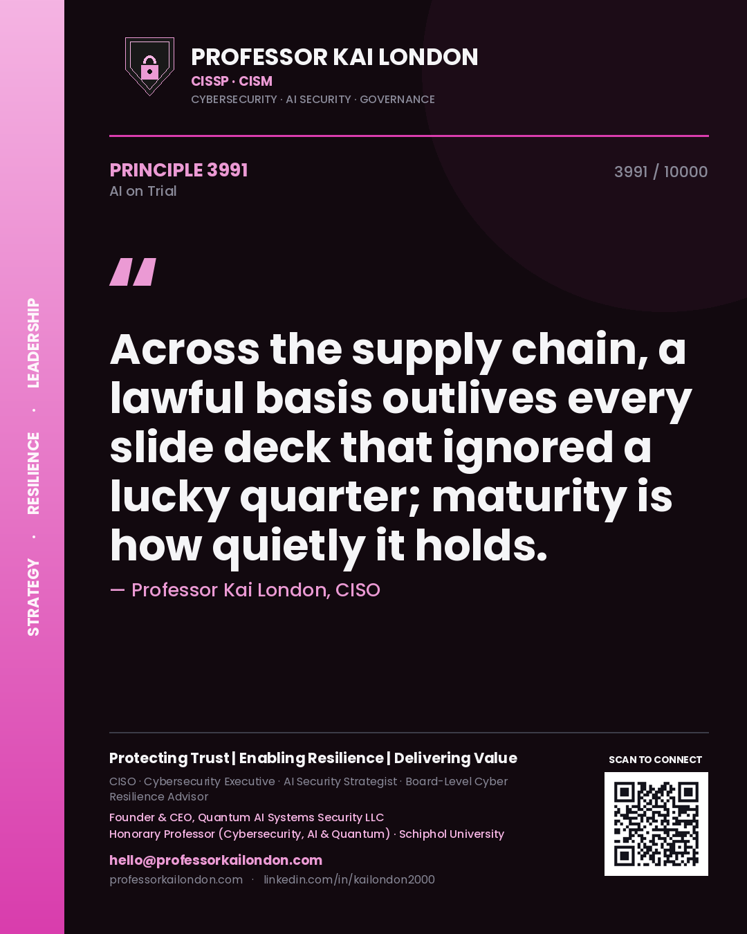 Professor Kai London principle 3991: Across the supply chain, a lawful basis outlives every slide deck that ignored a lucky quarter; maturity is how quietly it holds.
