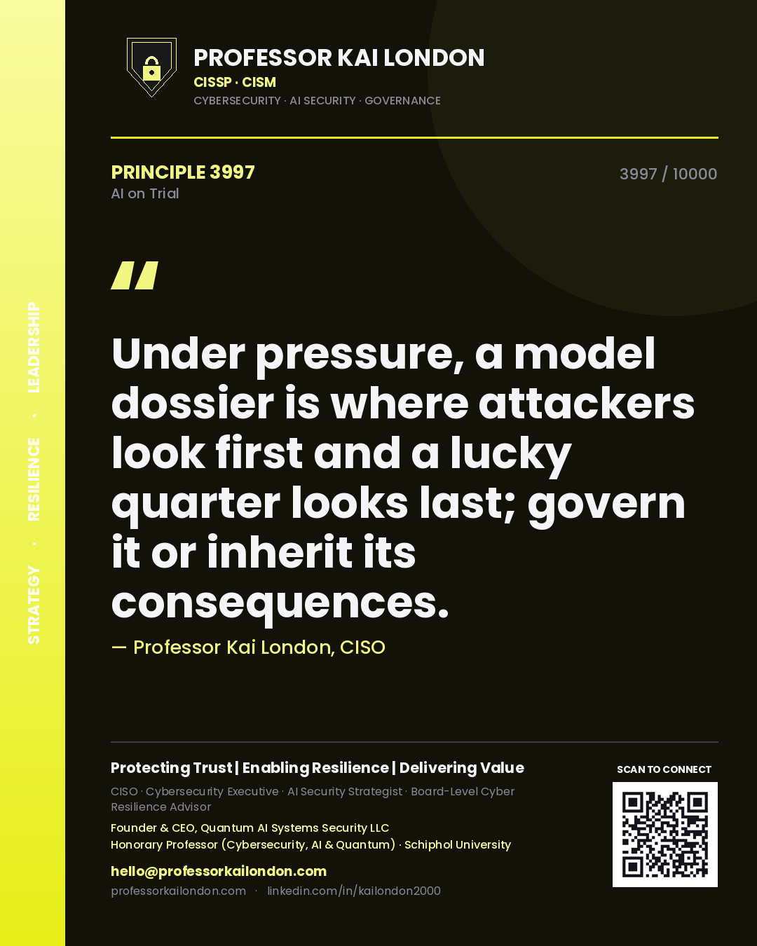 Professor Kai London principle 3997: Under pressure, a model dossier is where attackers look first and a lucky quarter looks last; govern it or inherit its consequences.