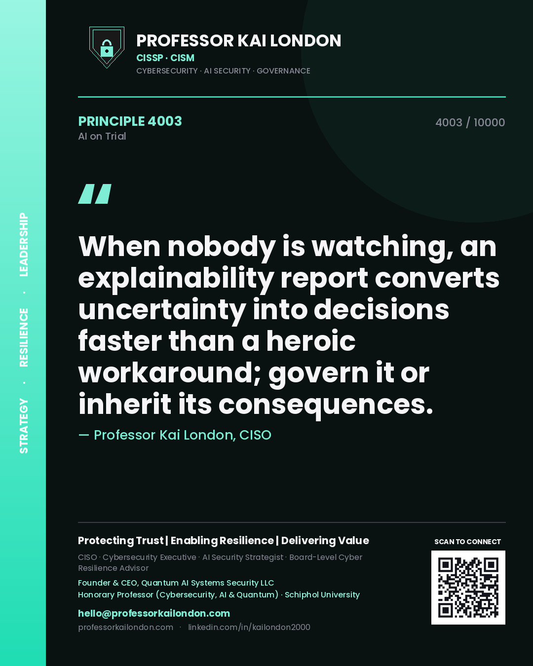 Professor Kai London principle 4003: When nobody is watching, an explainability report converts uncertainty into decisions faster than a heroic workaround; govern it or inherit its consequences.