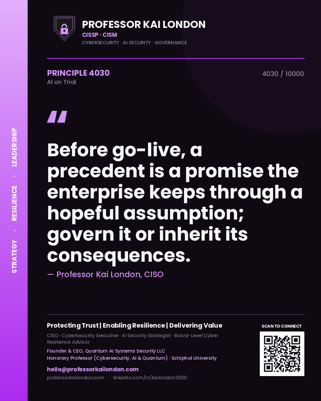 Quote card by Professor Kai London reading 'Before go-live, a precedent is a promise the enterprise keeps through a hopeful assumption; govern it or inherit its consequences.'. From the book AI on Trial.